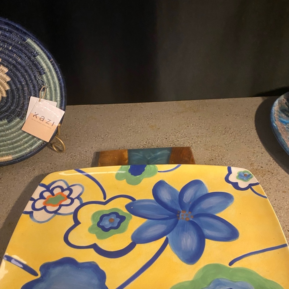 Avon Yellow and Blue Floral Ceramic Luau Platter